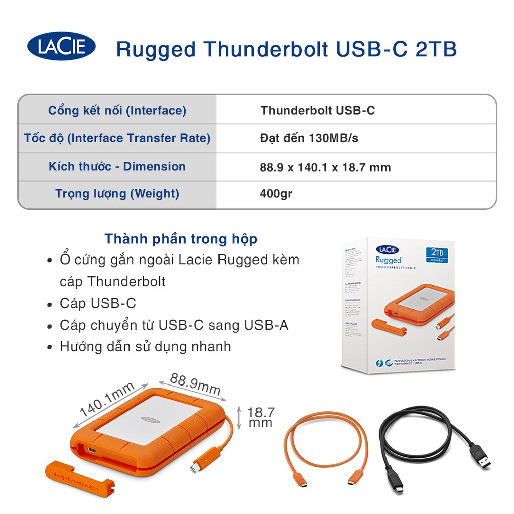 Ổ Cứng Di Động Chống Sốc Lacie Rugged Thunderbolt 2TB, 4TB, 5TB USB-C + Gói cứu dữ liệu