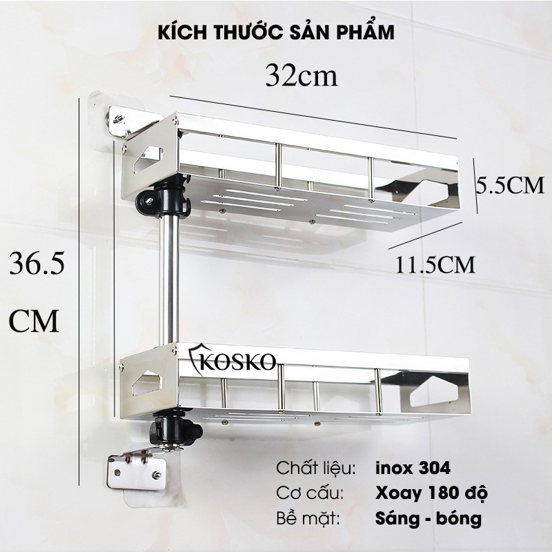 Kệ gia vị 2 tầng và 3 tầng inox Kosko đa năng gắn tường xoay 360 độ, bảo hành 12 tháng