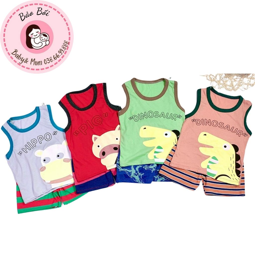 Bộ quần áo ba lỗ phối hoạt hình với quần kẻ cho bé 8-18kg - Bảo Bối Baby&Mom