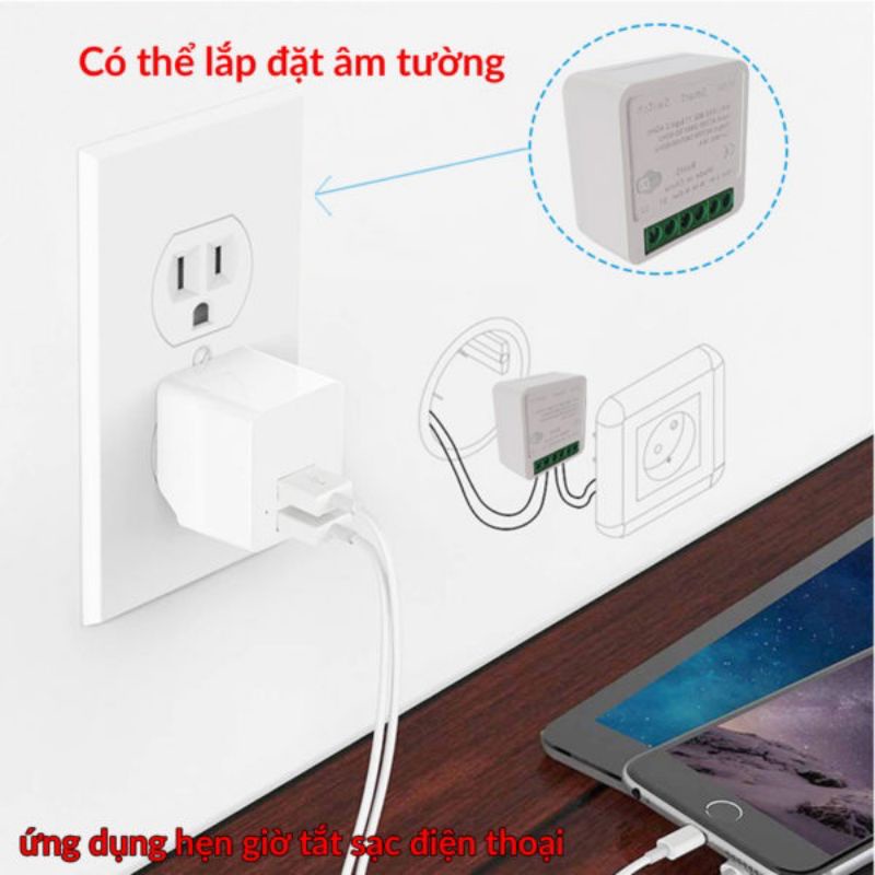 Công tắc điều khiển từ xa Tuya mini 16A, kết nối wifi, hẹn giờ bật tắt qua app