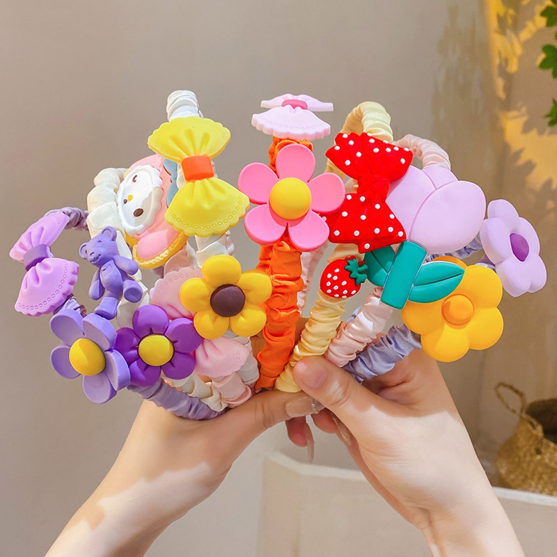 Băng đô cài tóc/bờm tóc bọc vải satin xếp nhún đính hoa nơ hoạt hình dễ thương chống trượt cho bé