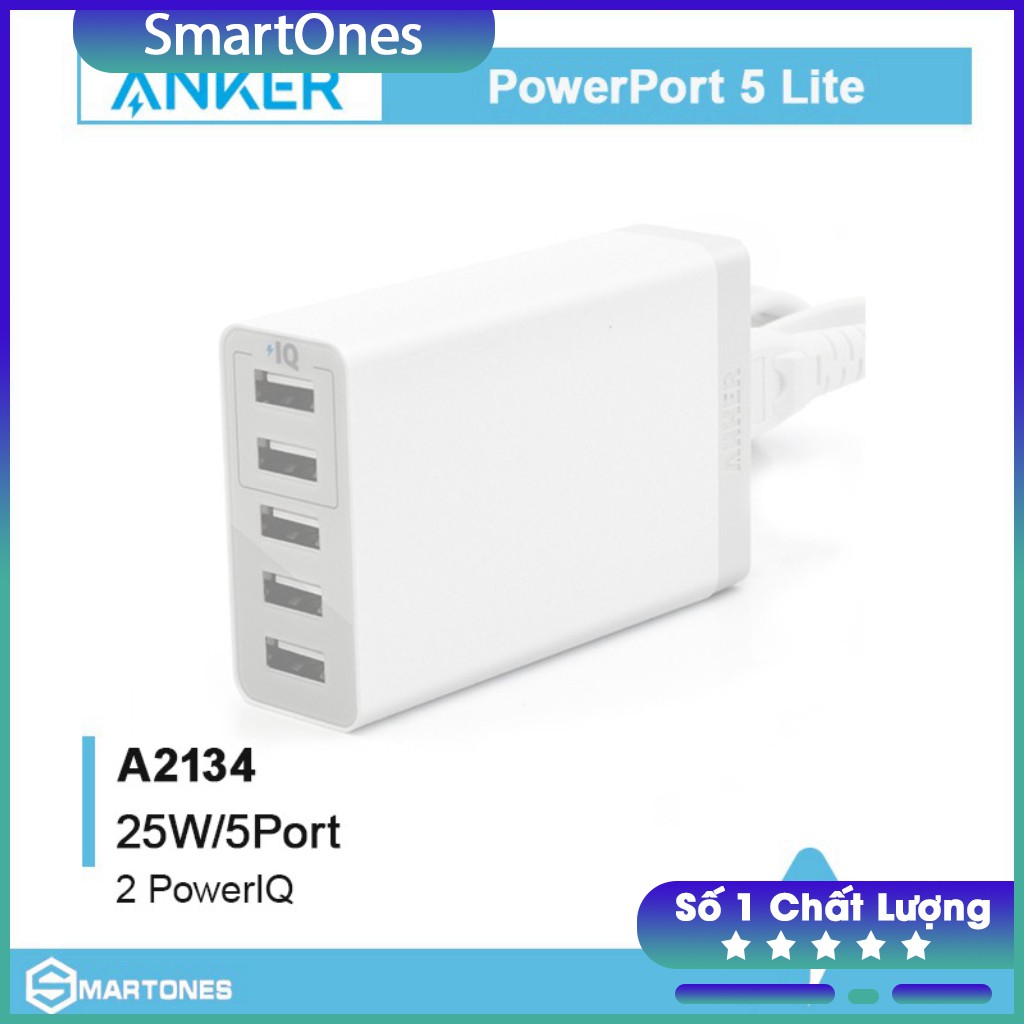 Củ sạc Anker PowerPort 5 Lite - A2134 5 cổng sạc USB công suất 25W cho điện thoại iPhone, iPad, Samsung, Huawei...