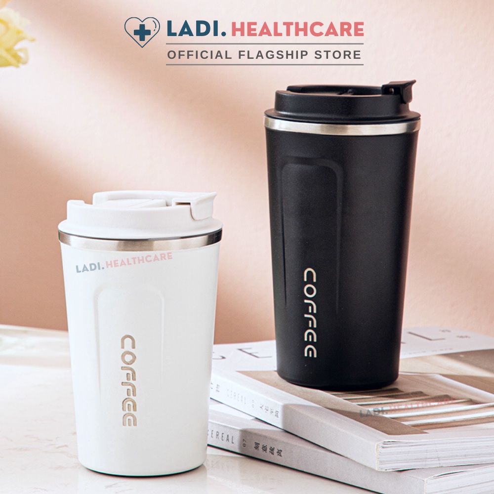 Cốc giữ nhiệt 510ml LADI ly coffee holic inox 304, bình giữ nhiệt 12h tặng Sticker trang trí