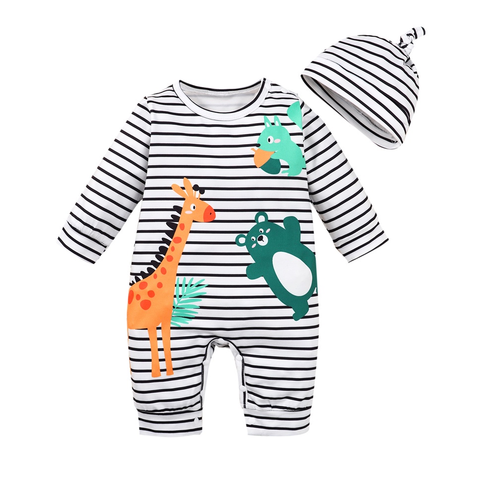 Bộ đồ MIKRDOO gồm áo liền quần dài tay kẻ sọc in họa tiết khủng long phối mũ cho bé trai