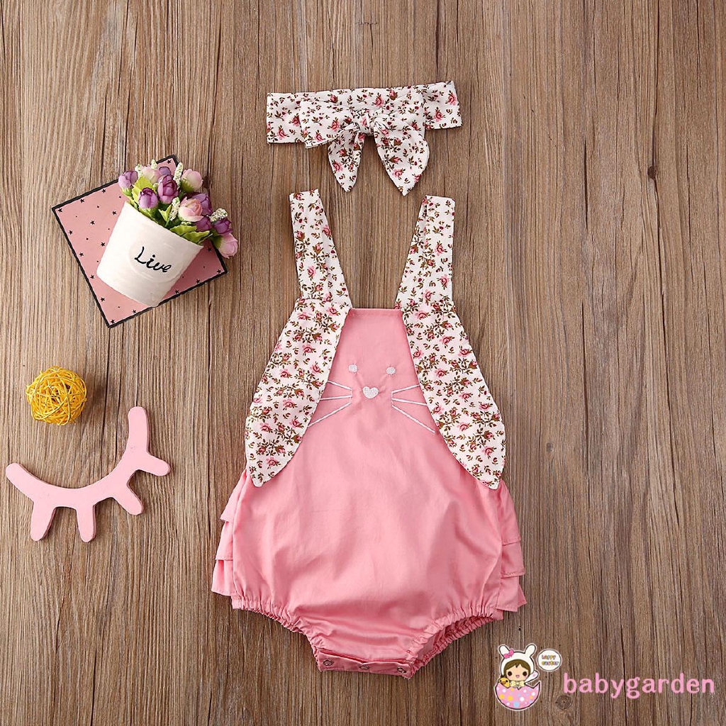 Bộ áo liền quần + băng đô in họa tiết hoạt hình dễ thương cho bé gái sơ sinh