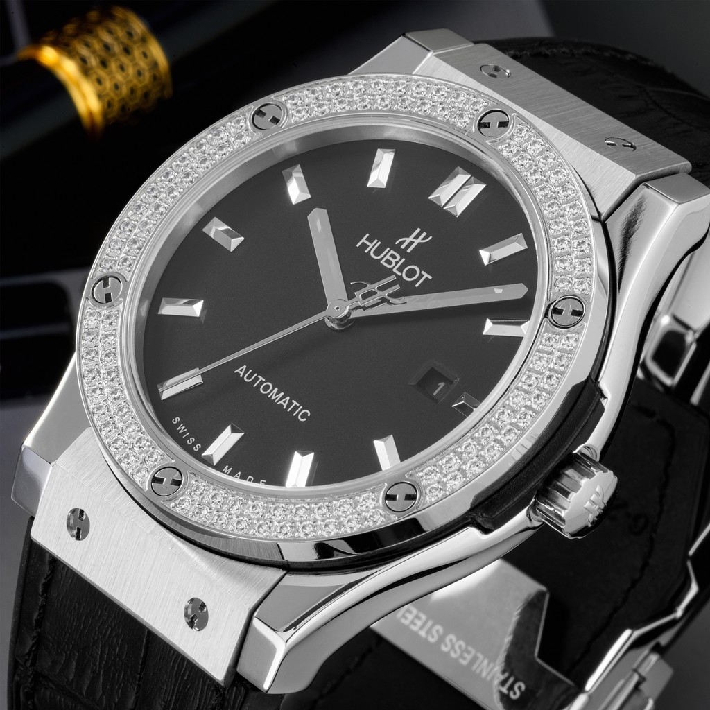 Đồng hồ nam Hublot máy cơ automatic mặt tròn đính viền đá chống nước cao cấp DH8803 | BigBuy360 - bigbuy360.vn