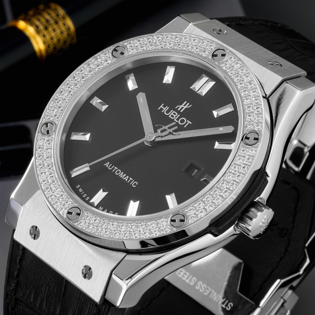 Đồng hồ nam Hublot máy cơ automatic mặt tròn đính viền đá chống nước cao cấp DH8803