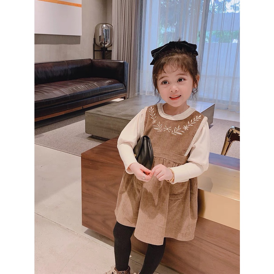 Sét yếm nhung cho bé gái, set váy yếm nhung thêu tỉ mi kèm áo zip tay bồng cho bé