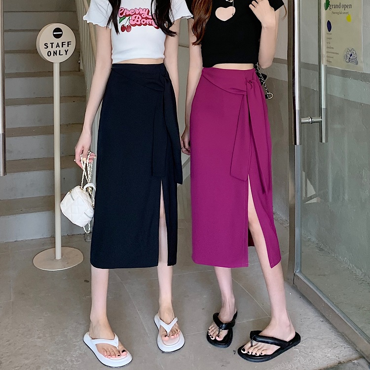 Split Skirt Midi Skirt Chân Váy Chữ a Lưng Cao Thiết Kế Xẻ Tà Cột Dây Thời Trang Mùa Hè Hàng Mới