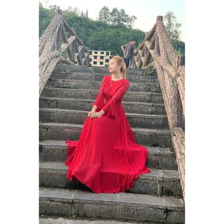 Đầm maxi tay dài phối ren sang trọng - Hình thật Sp 100%