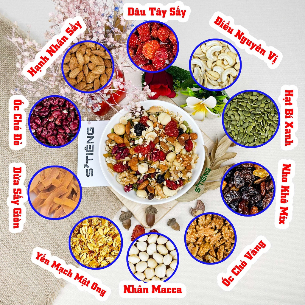 500Gr GRANOLA 13 Loại Siêu Hạt &amp; Quả Sấy STIENG, Hạt Dinh Dưỡng Ngủ Cốc Ăn Kiêng, Dâu Tây, Óc Chó Đỏ, Macca, Hạt Điều