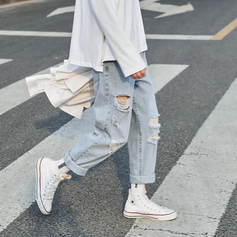 Men jeans Wide Leg denim pant Loose Straight Baggy men's jeans Streetwear Hip Hop casual Skateboard pants S-5XL Neutral trousers Summer thin jeans with holes men's wide legs loose trend light beggars' nine point versatile CEC straight pants