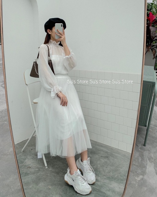 Chân váy Midi Cara Skirt thiết kế kiểu công chúa hàng nhập quảng châu sau lưng bo chun co giãn váy màu trắng và màu đen | BigBuy360 - bigbuy360.vn