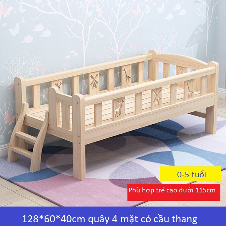 Giường cho bé chất liệu gỗ thông kiểu quây 4 mặt size 128*60*40cm có thể ghép giường người lớn