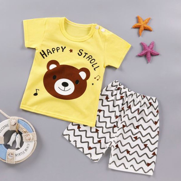 Bộ thun cotton bé trai in gấu vàng vui vẻ quần ziczac