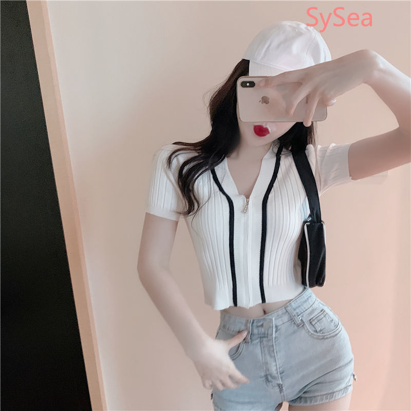 Áo tay ngắn cổ chữ V phối khóa kéo thời trang mùa hè dành cho phái nữ