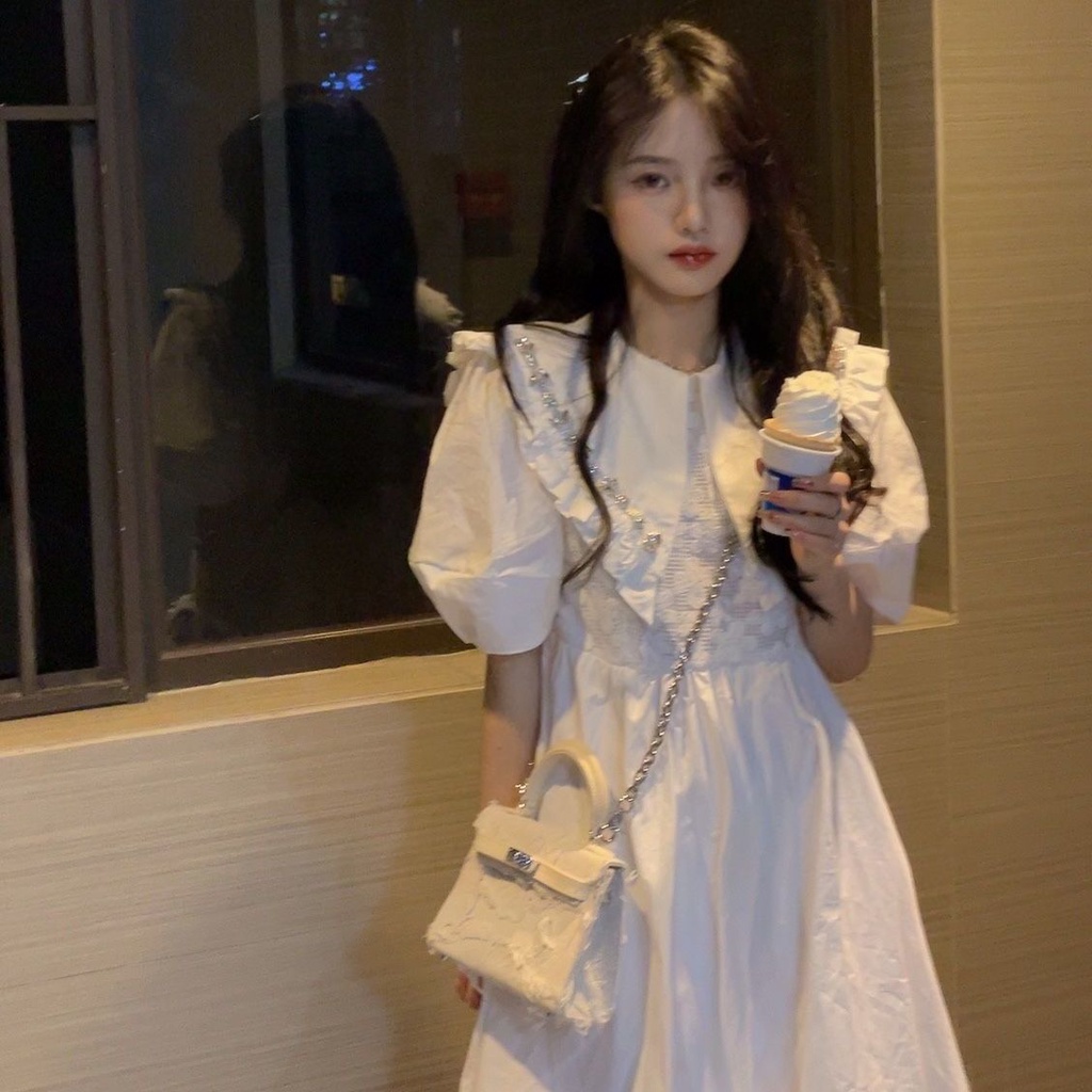 Retro pure desire wind tea break skirt with diamond doll collar romantic dress first love summer waist sweet bubble slee