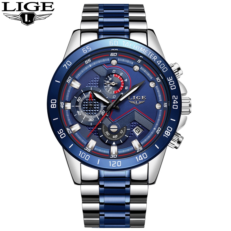 LIGE Men's Watch 9982 Fashion Men Stainless Steel Waterproof Quartz