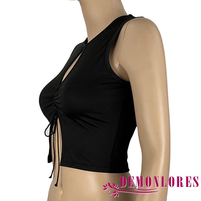 Áo croptop không tay màu đen phối dây rút thời trang mùa hè gợi cảm cho nữ