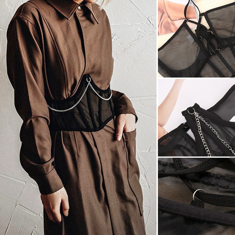 Đai Nịt Bụng Định Hình Eo Cao Màu Đen Phối Dây Xích Kim Loại Xuyên Thấu Phong Cách Punk Harajuku Cổ Điển Dành Cho Bạn Nữ