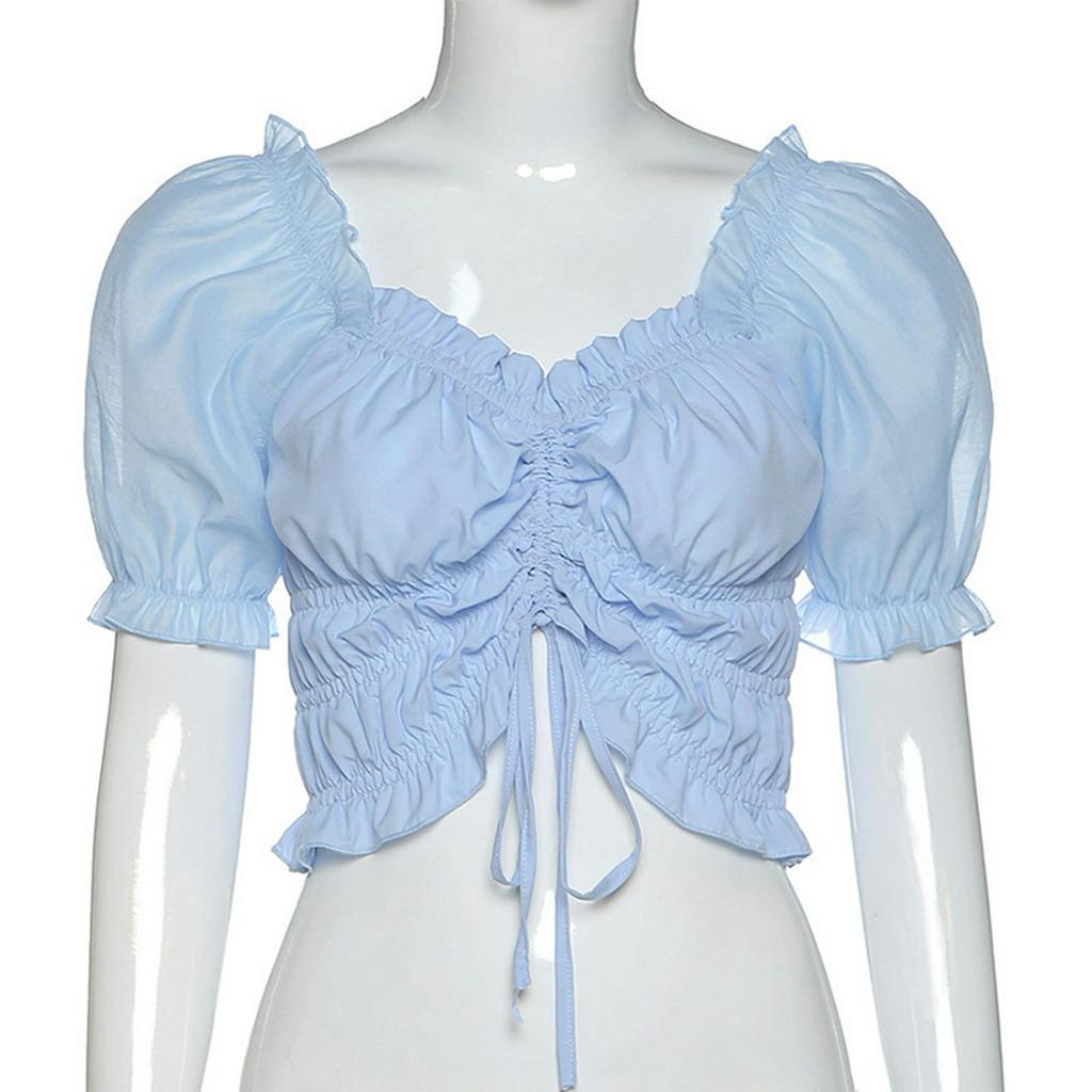 Áo Croptop Ngắn Tay Phối Ren Xinh Xắn Dành Cho Nữ