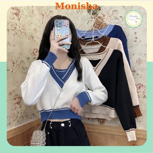 Áo len dệt kim cổ chữ V / áo len nữ kiểu dáng croptop siêu hot