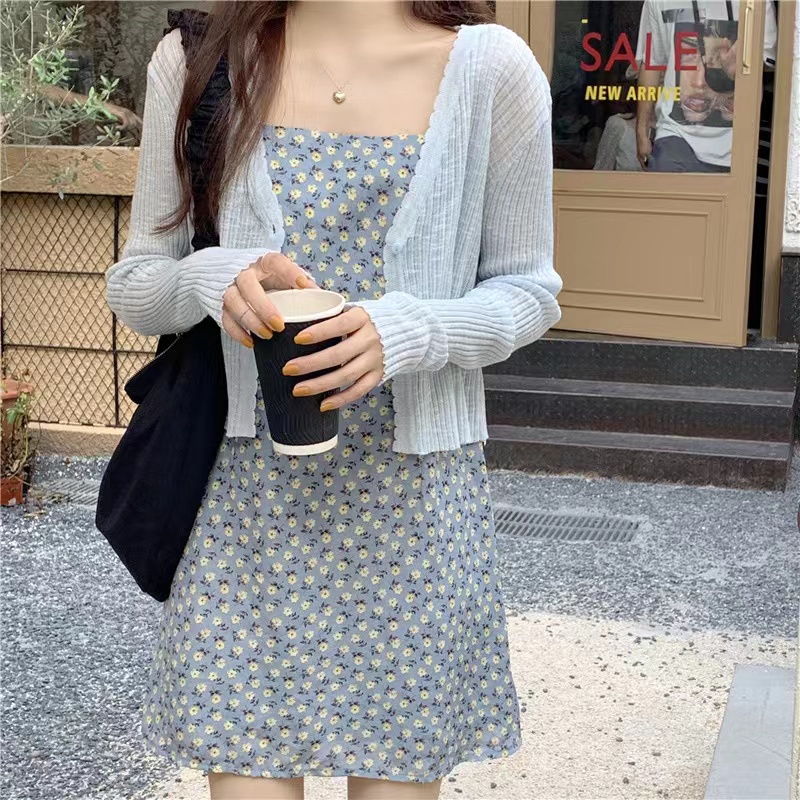【Hana and Alice】Áo Khoác Cardigan Dệt Kim Vải Lụa Lạnh Tay Dài Chống Nắng Nhẹ Nhàng Kẻ Sọc Màu Trắng Mùa Hè Cho Nữ