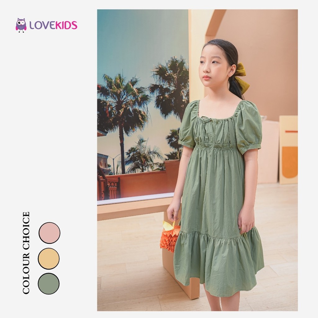 Váy bé gái bo chun tay bồng nhiều màu xinh xắn cho bé từ 6-12 tuổi LOVEKIDS