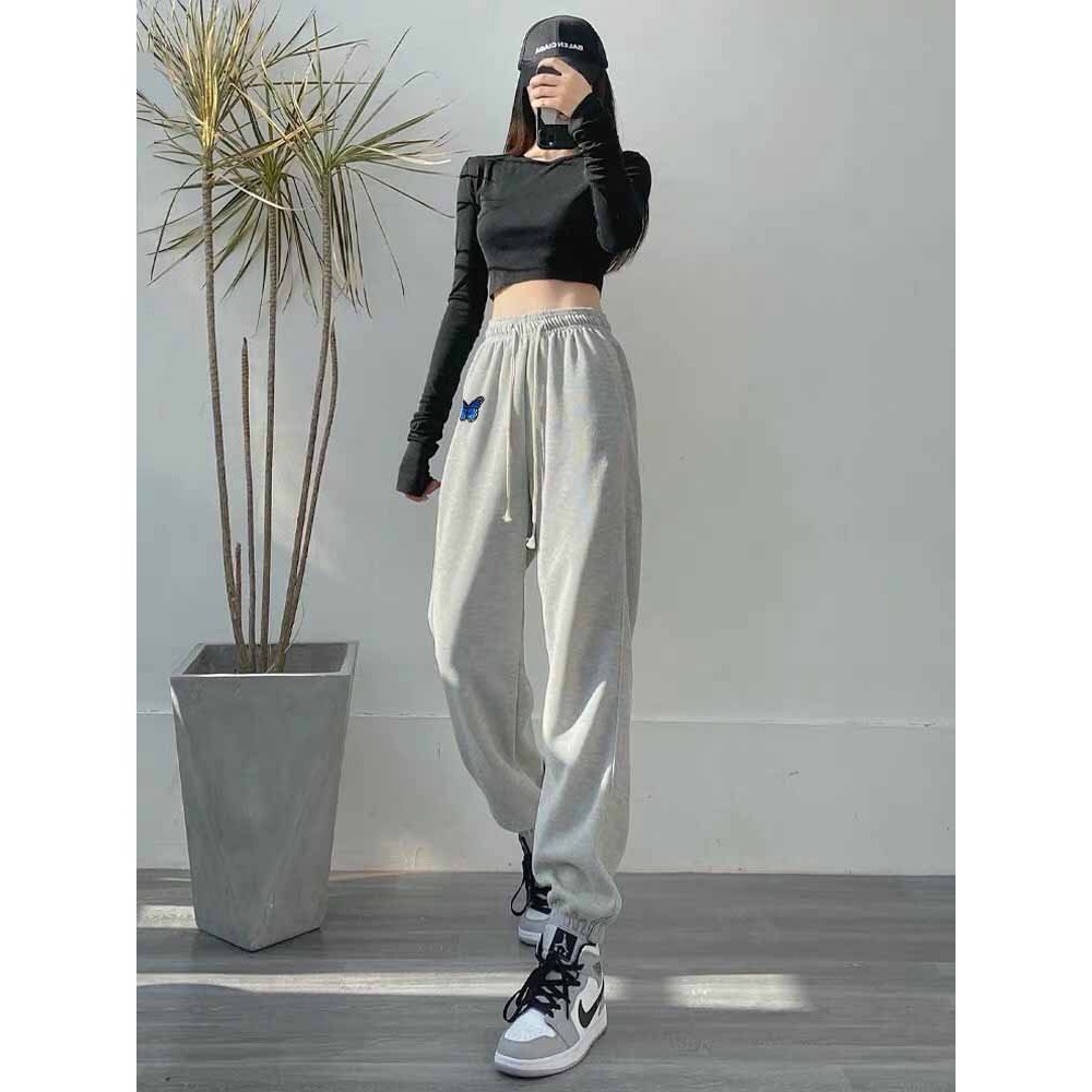 Quần Jogger Nỉ Ống Rộng Rút Dây Thêu bướm Nam Nữ Unisex, mặc 2 kiểu Bo Gấu và xuống Ullzang