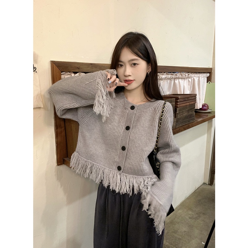 Áo khoác sweater DIDIKA dệt kim dáng rộng màu xám phối tua rua thời trang mùa thu dành cho nữ