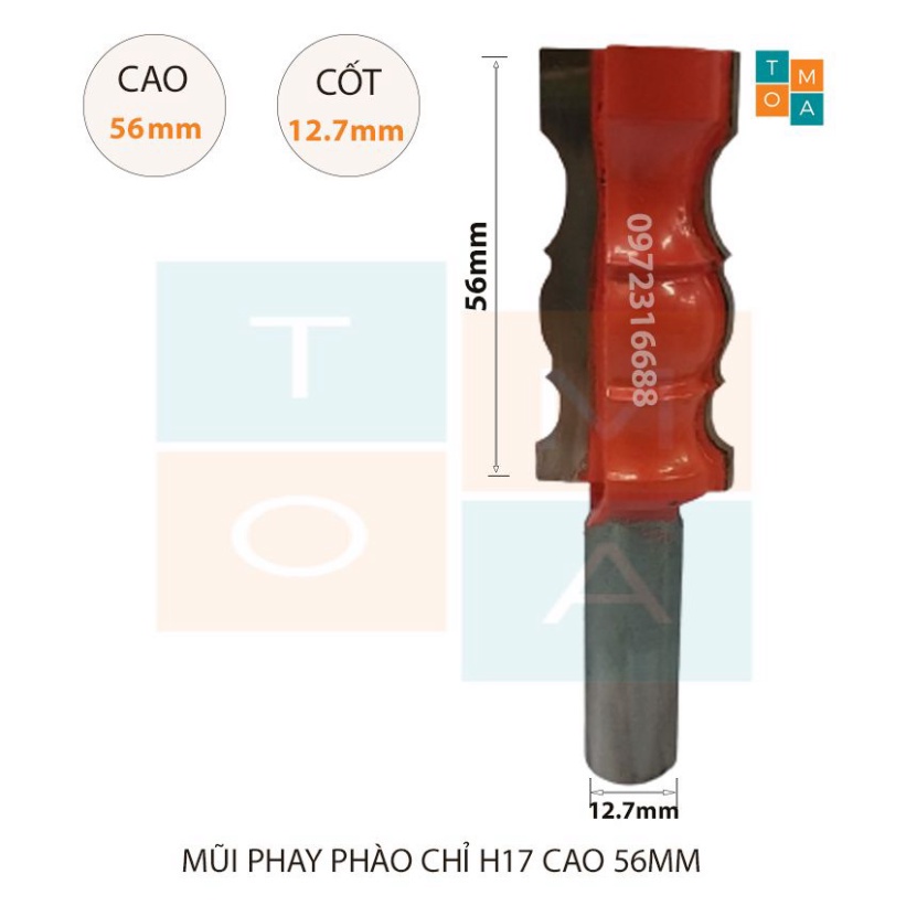MŨI SOI GỖ - MŨI PHAY GỖ ĐÁNH CHỈ PHÀO H17 CAO 56MM CỐT 12.7MM - CHỈ PHÀO NÓC - PHÀO NẸP HÀNG VIỆT NAM