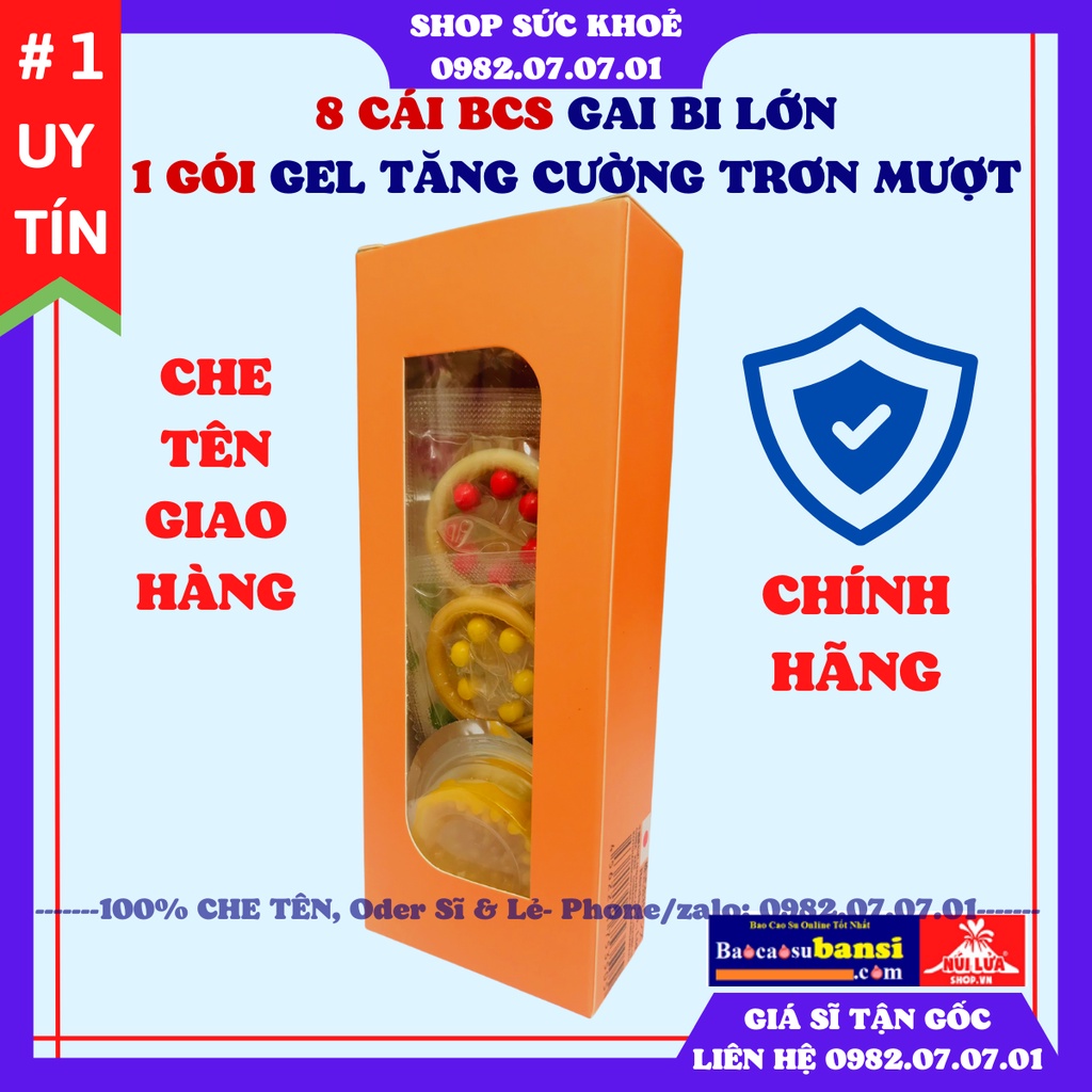 Bao cao su Bi Gai Volcano, hộp 8 cái BCS+1 gói gel bôi siêu trơn mượt, Với tinh năng gai bi lớn tổng hợp độc đáo nhất.