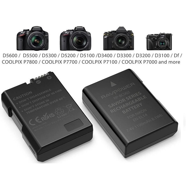 Bộ 2 Pin + 1 Sạc RAVPower EN-EL14 for Nikon D3100, D3200, D3300, D3400, D5100, D5200, D5300, D5500, D5600,......