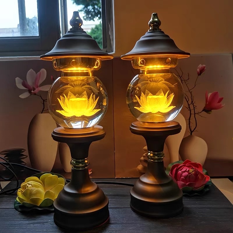 CẶP 2 CÂY ĐÈN LED HOA SEN PHA LÊ THỜ CÚNG TRANG TRÍ