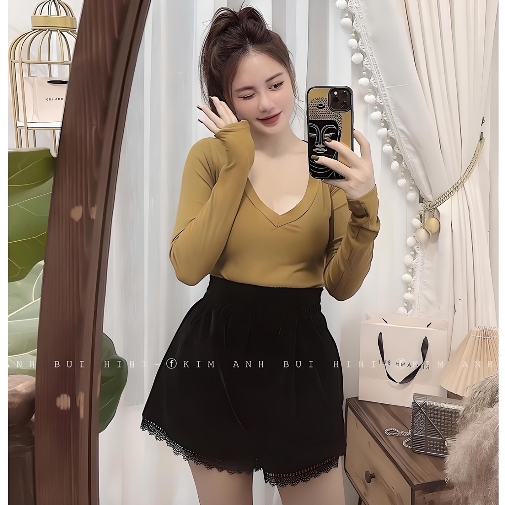 áo thun nữ tay dài chất tăm lạnh cổ v tone tây xinh xắn