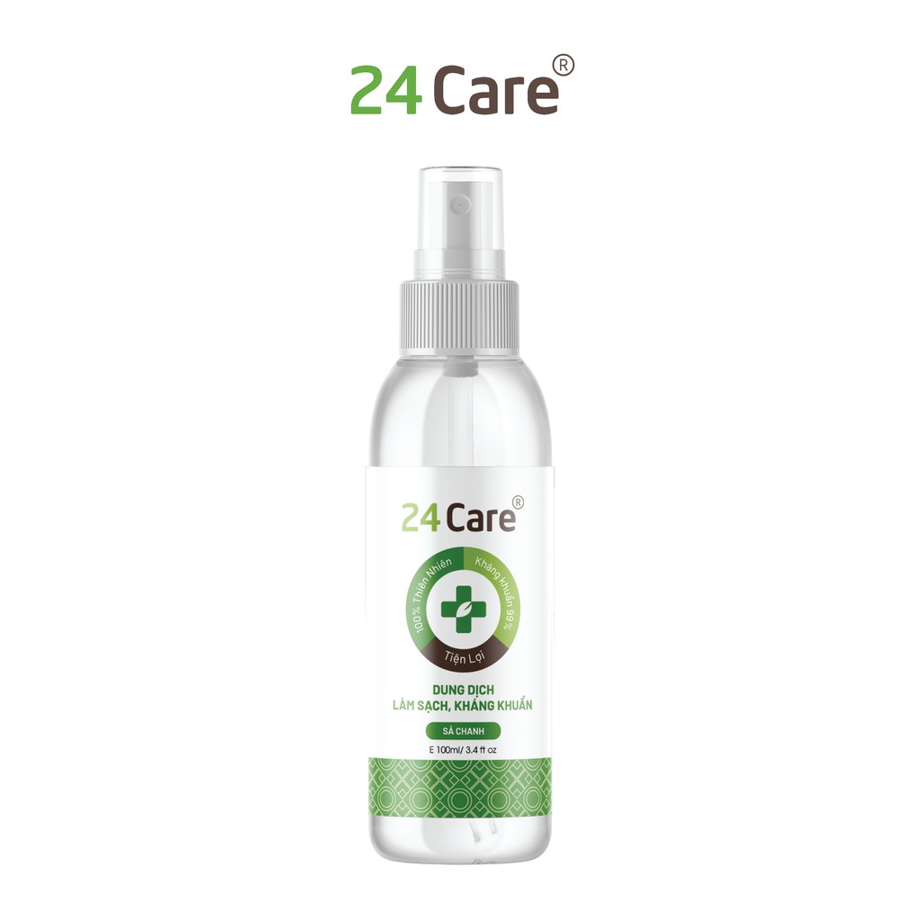 Xịt sát khuẩn Sả Chanh 24Care 100ml , có kiểm định diệt khuẩn 99,9%, làm sạch, kháng khuẩn