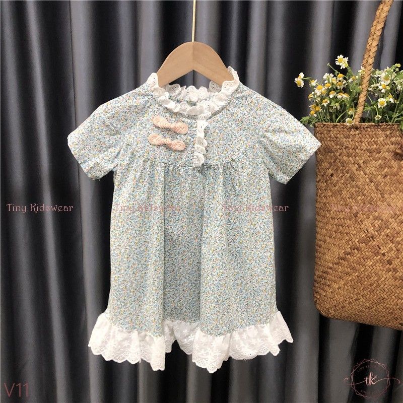 Váy Đầm Hoa Nhí Xanh Cổ Lệch Phối Ren Cho Bé Gái Từ 12-18kg [V11]