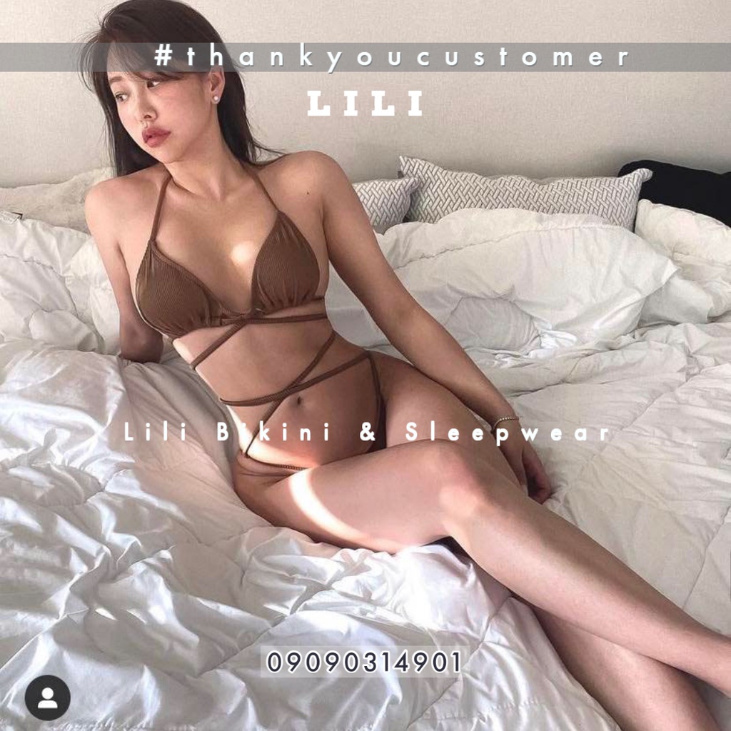 Bộ đồ bơi bikini hai mảnh Âu Mỹ quyến rũ màu Nâu Tây, Đỏ trắng da thiết kế đan dây eo siêu tôn dáng