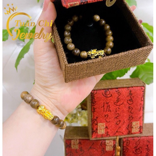 ⚡ẢNH THẬT⚡ Vòng tay Trầm Hương tặng hộp gấm đẹp - Vòng gỗ kết hợp phụ kiện tỳ hưu bạc xi vàng tài lộc, may mắn