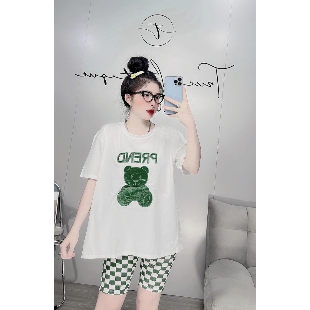 Đồ bộ nữ, set đồ bộ quần lửng ngố thun gân borip và áo thun cotton ngắn tay form rộng xẻ tà sau lưng THÊU NHUNG