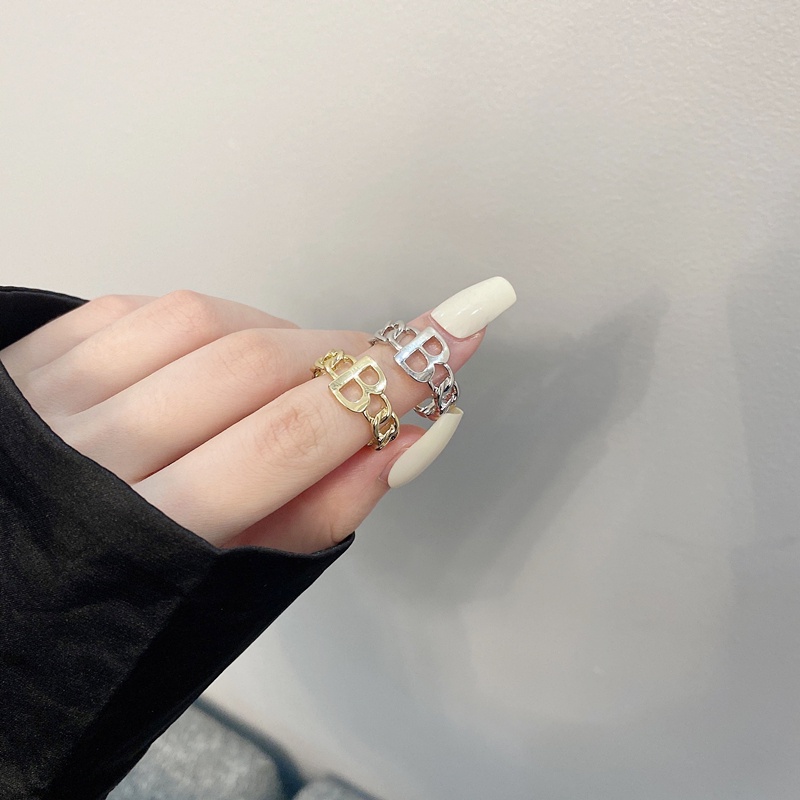 Nhẫn đeo tay kim loại khắc chữ B phong cách retro