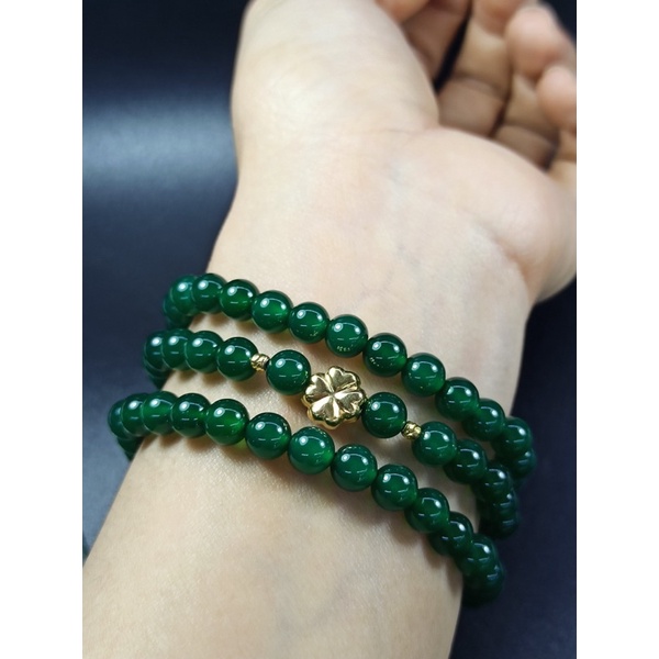 Vòng mã_não mix charm cỏ 4 lá và bi vàng cải thiện sức khoẻ, may mắn và tài.lộc (tặng hộp đẹp làm quà)