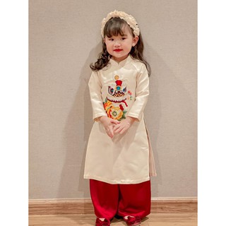 Áo dài cho bé gái, áo dài cách tân bé gái, chất liệu gấm, họa tiết ngọc kỳ lân cực sang trọng
