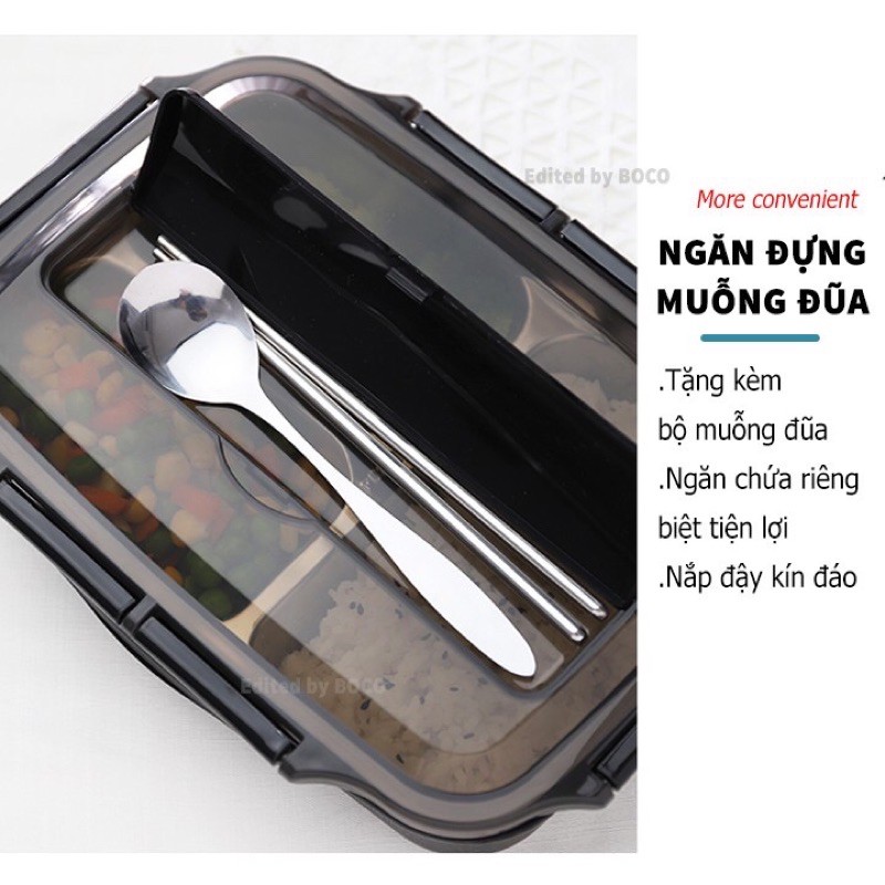 Hộp cơm văn phòng khay inox 5 ngăn- Hộp cơm giữ nhiệt 5 ngăn lõi inox 304 tặng kèm bộ muỗng đũa - Có khay để điện thoại