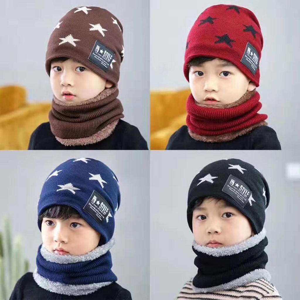 Set mũ len kèm khăn hình ngôi sao có lót lông cực ấm cho bé trai bé gái từ 5 đến 15 tuổi