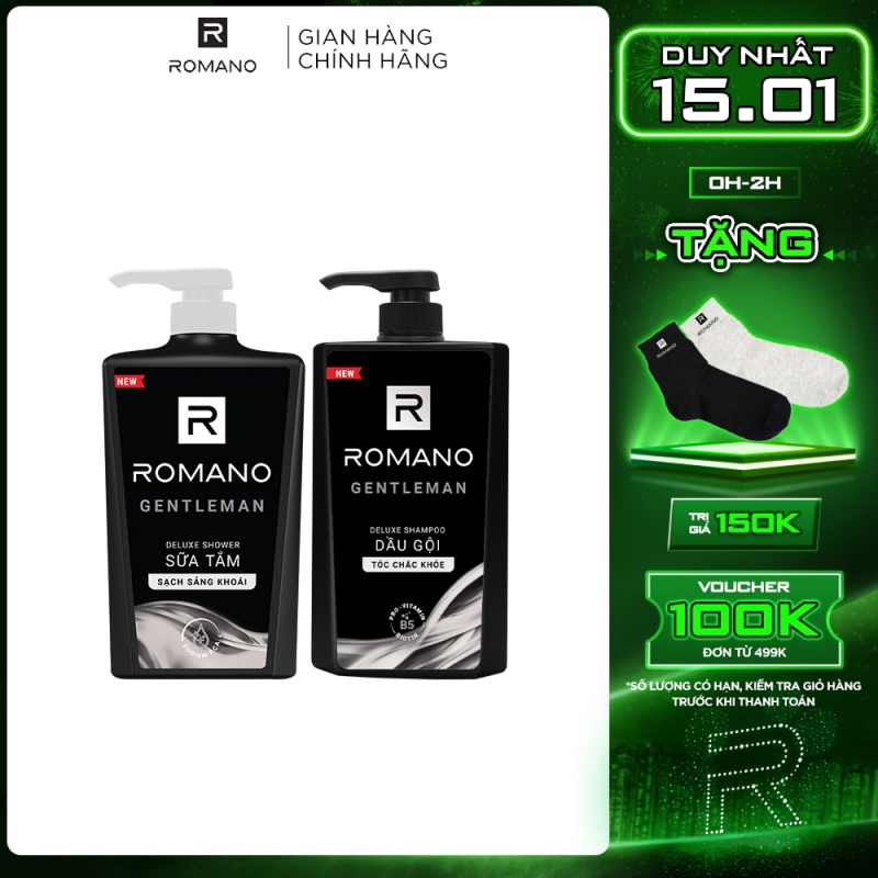 Combo Dầu gội và Sữa tắm Romano 650g/chai Gentleman