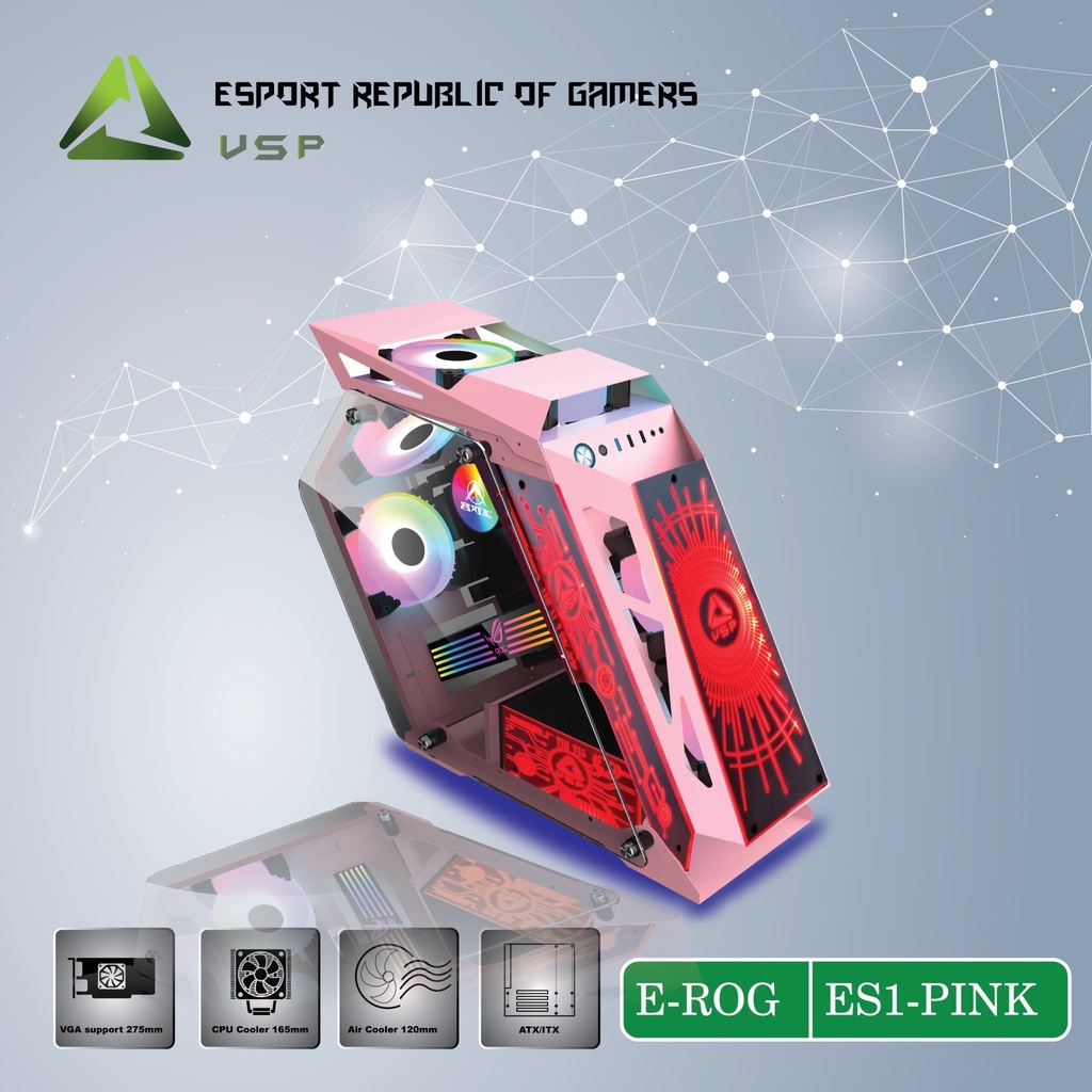 Case E-Rog ES1 White - Pink Gaming VSP màu trắng - hồng led RGB chưa có fan