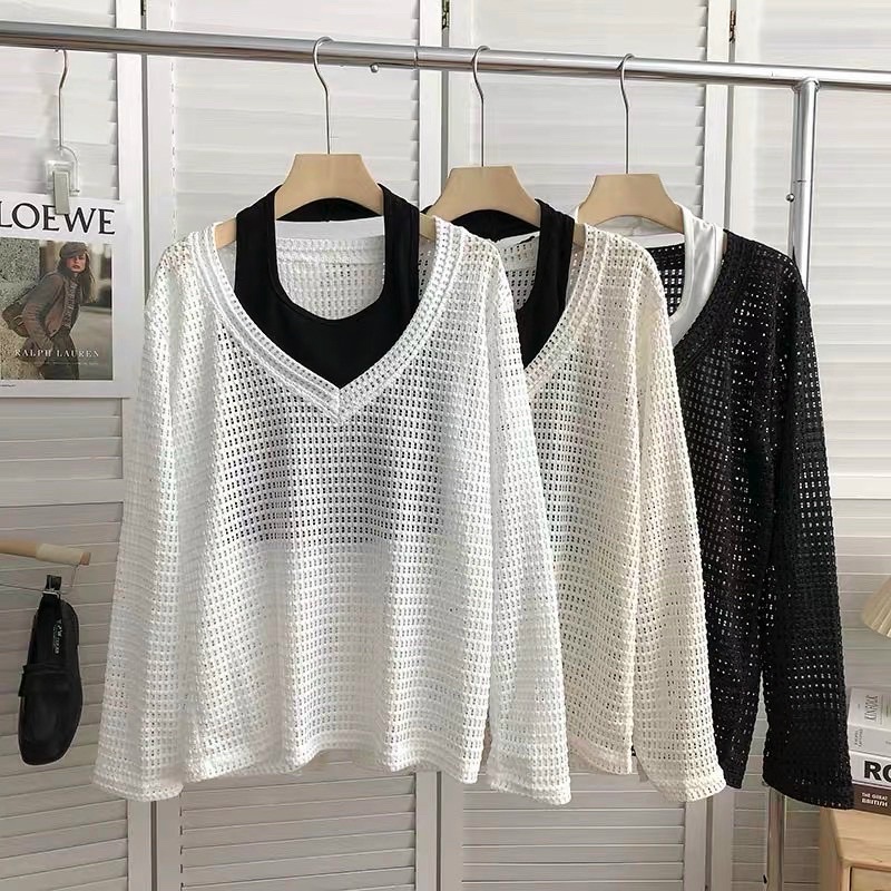 Áo len lưới mix cổ yếm giả set, len fom rộng over size cá tính