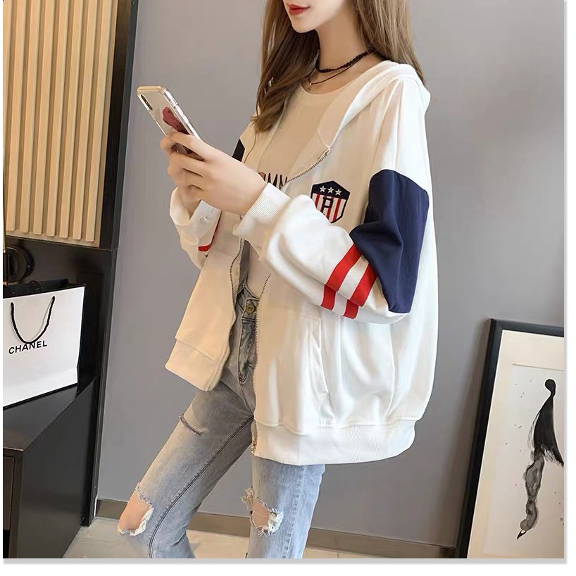 ÁO HOODIE NỮ THỜI TRANG PHỐI VIỀN SỌC THÊU HUY HIỆU