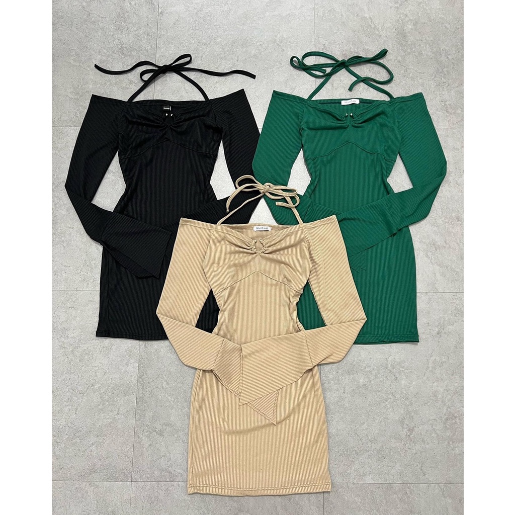 Đầm bẹt vai khoen HHVINTAGE  thun gân co dãn không nhăn